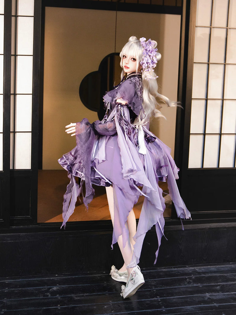 Huajianyue - Xiaoling Butterfly - Dark Purple Gothic JSK Set with Cloud Shoulder Cape and Arm Sleeves