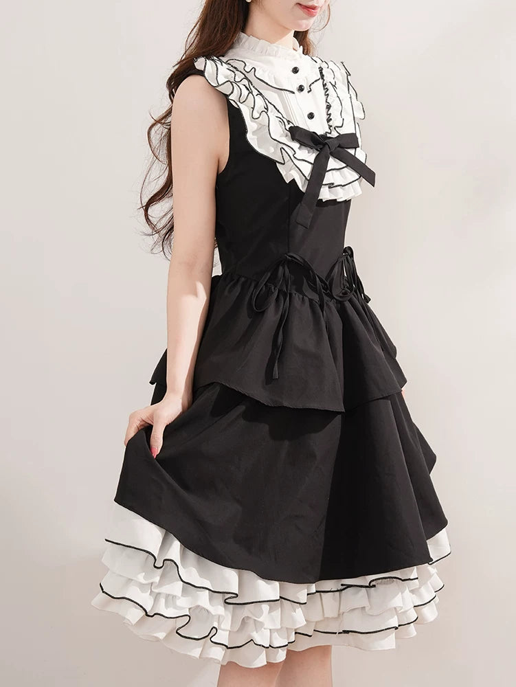 Miyou - Monochrome Polka-Dot Ruffle - Black-and-White Polka-Dot Paneled JSK Dress with Layered Ruffles