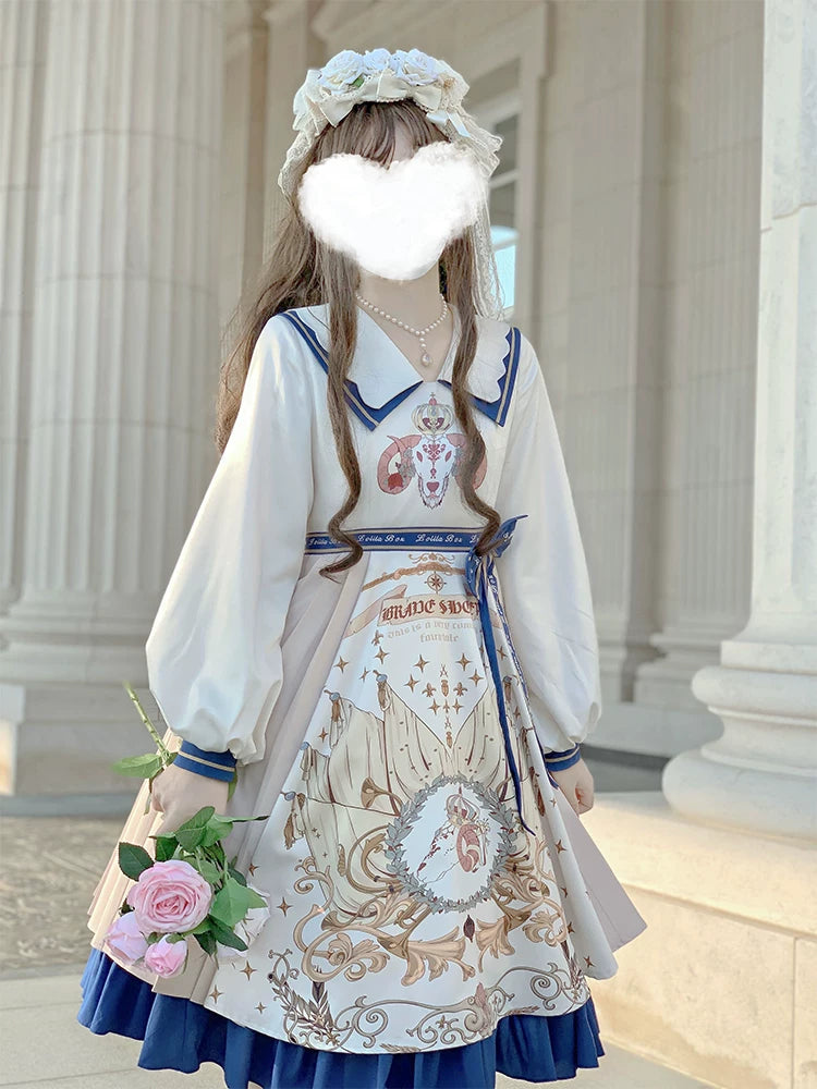 Baozi Pig - Sailor Blue - Natural-colour one-piece dress with a sailor collar