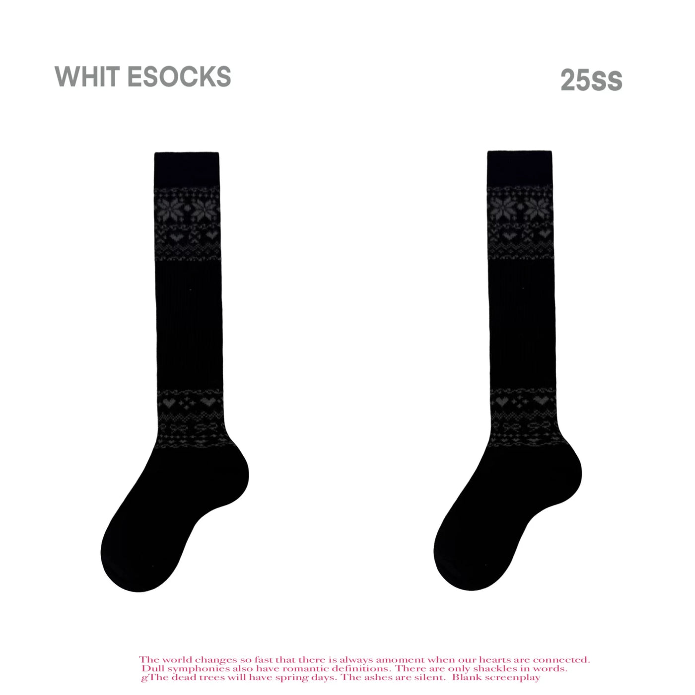 White Socks - Nordic Gray - Mid-Calf Slouch Socks with Fair Isle-Style Bands