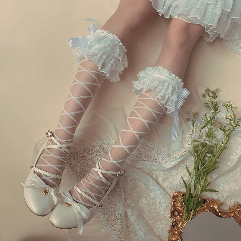 Sock Noble - Bridal Series - 3-Layer Lace Calf Socks with Ribbon Bands
