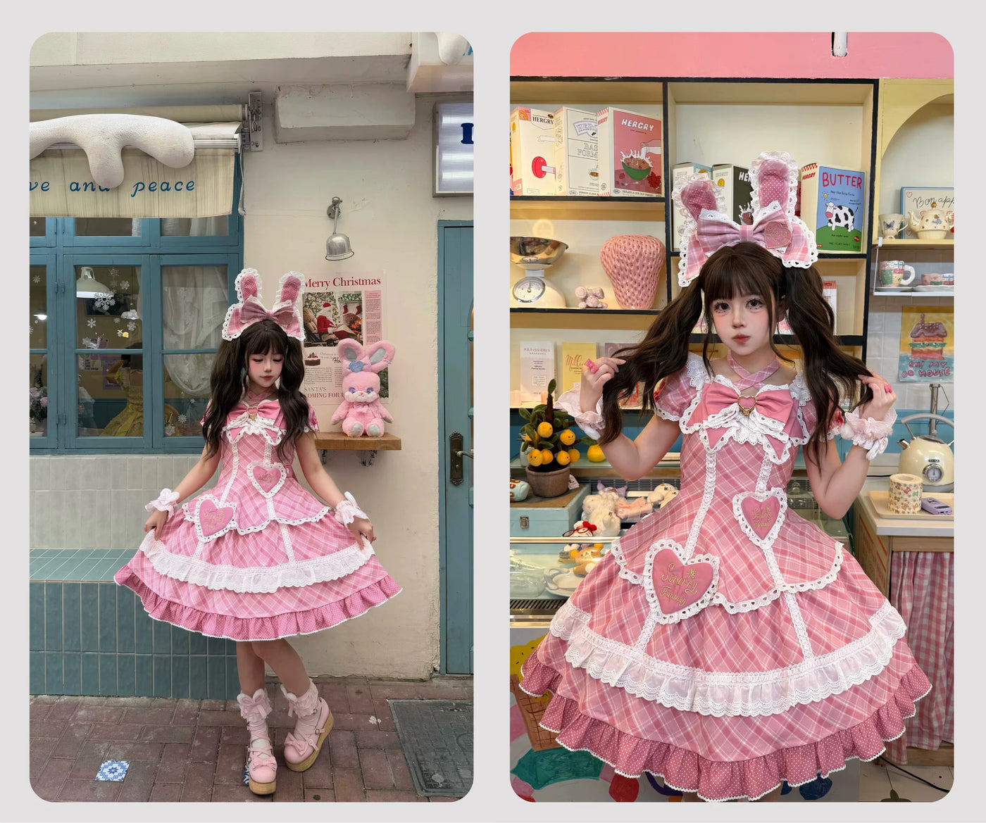 Star Fantasy - Shibuya Sweetheart - Plaid OP/JSK Dress Set with Lace Bunny-Ear Headwear