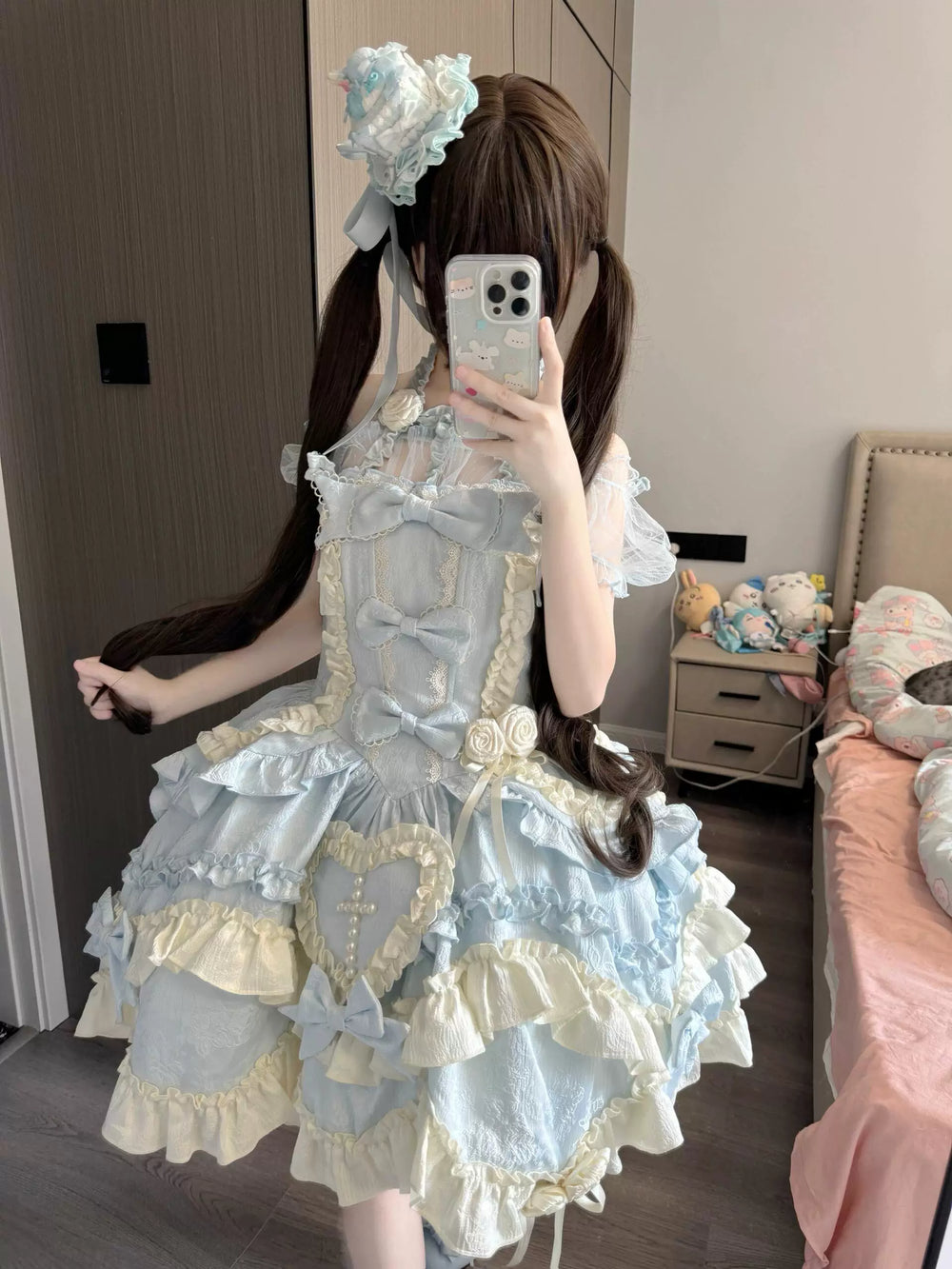 Blue halter-neck JSK with cream ruffles and a full skirt