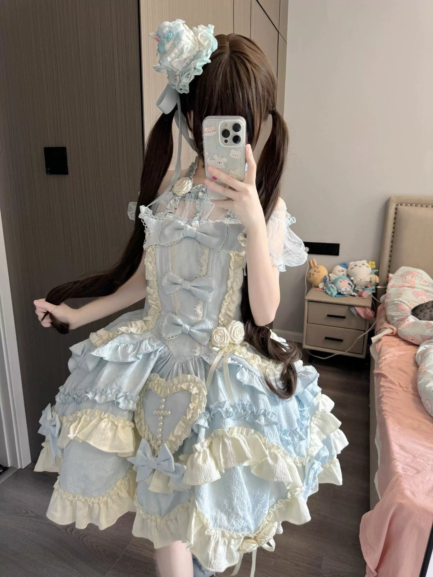 Blue halter-neck JSK with cream ruffles and a full skirt