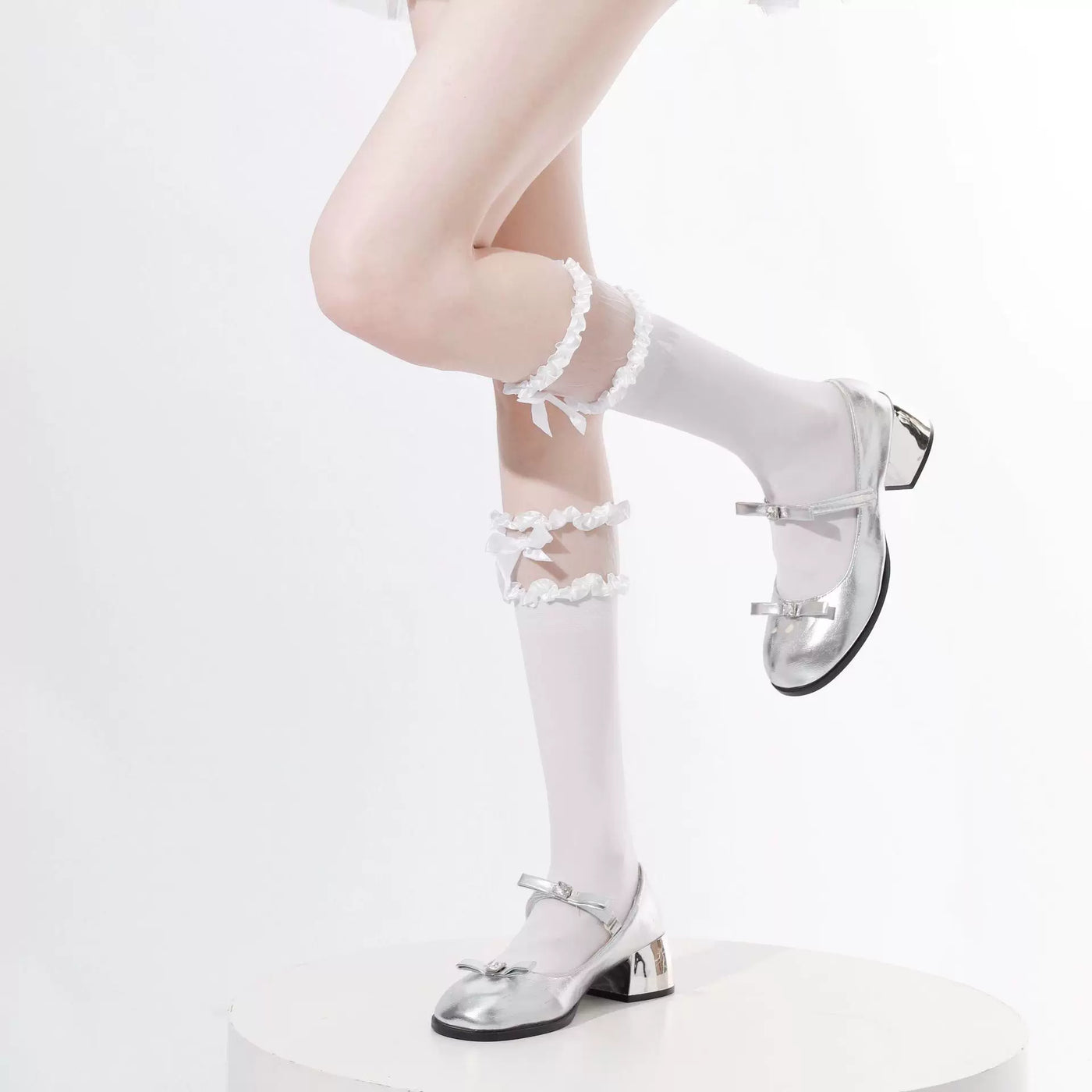 Fantasy Doll - Ribbon Window - Sheer Ruffle-Panel Calf Socks