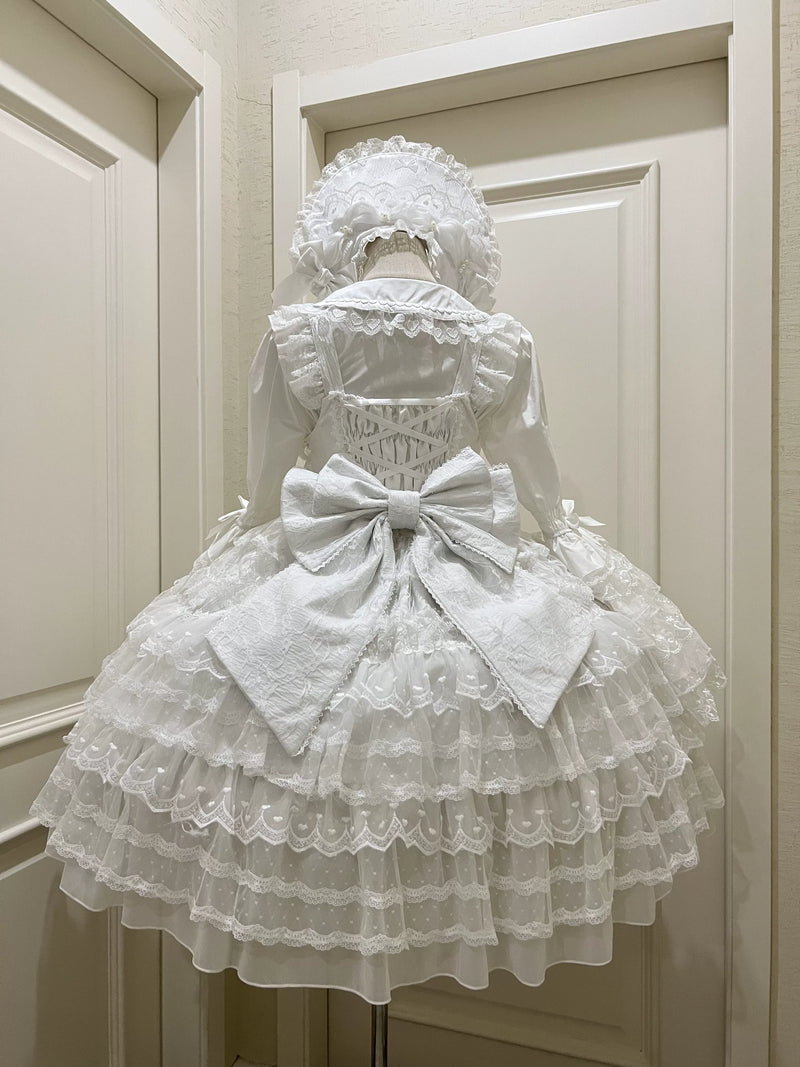 Dream Prelude - Dreamy Princess Lolita JSK Dress Suit, Tiered Lace White JSK + Back Trailing Bow S
