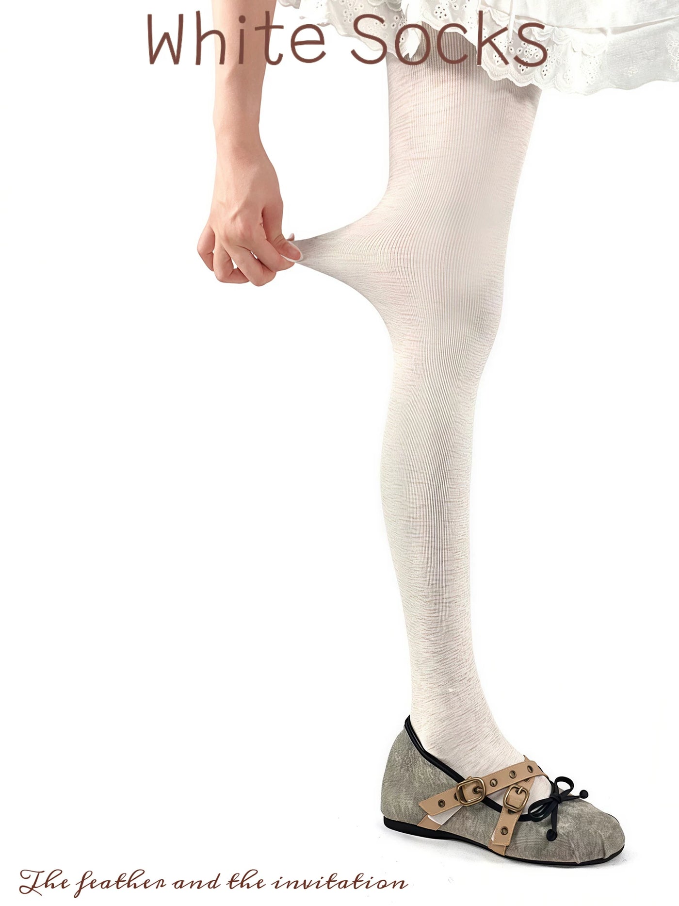 White Socks - Vertical Stripe - Tights with Fine Vertical Texture