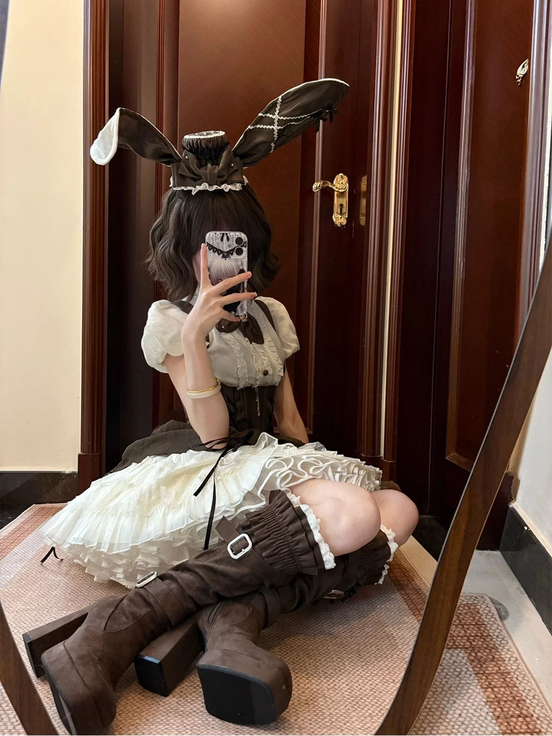 Creamy - Brown Rabbit - Gothic Lolita JSK set with a rabbit-ear hat and bow tie