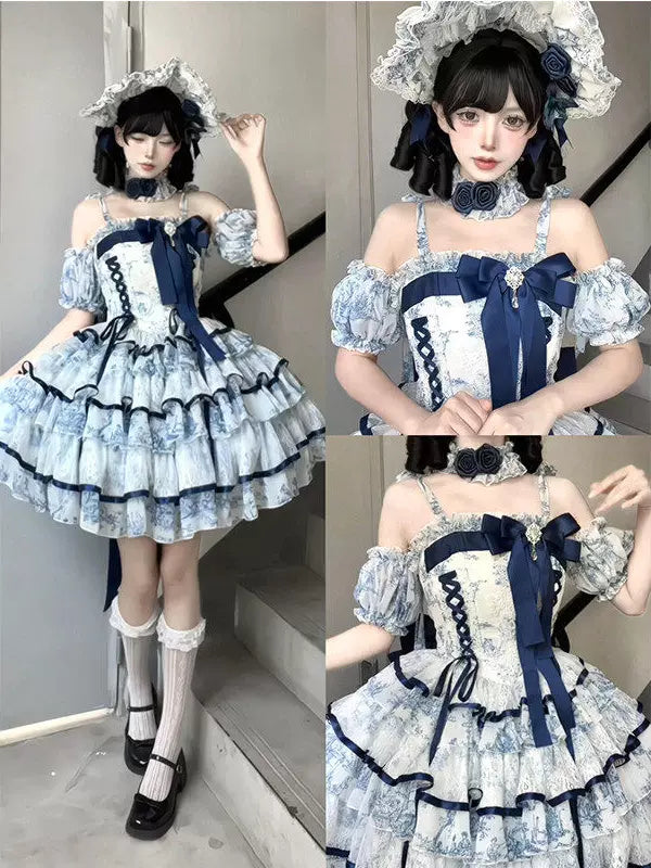 Celadon Lolita Jumper Skirt with chest bow and sleeve covers