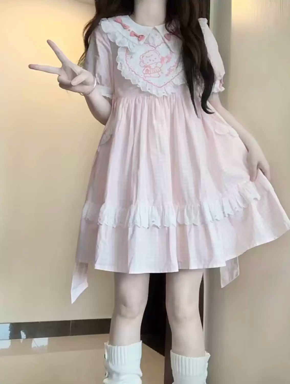 Creamy - Candy Gingham - Pink checked dress with a ruffled doll collar