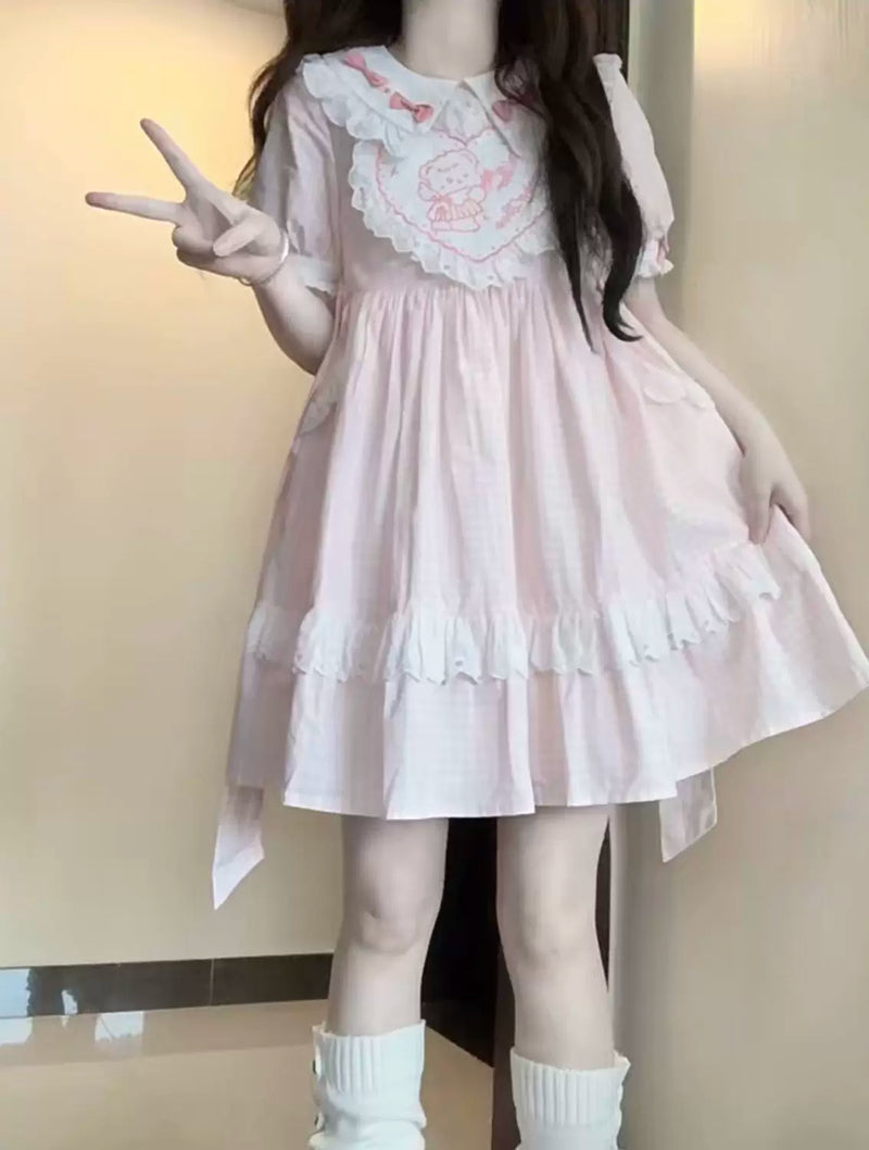 Creamy - Candy Gingham - Pink checked dress with a ruffled doll collar