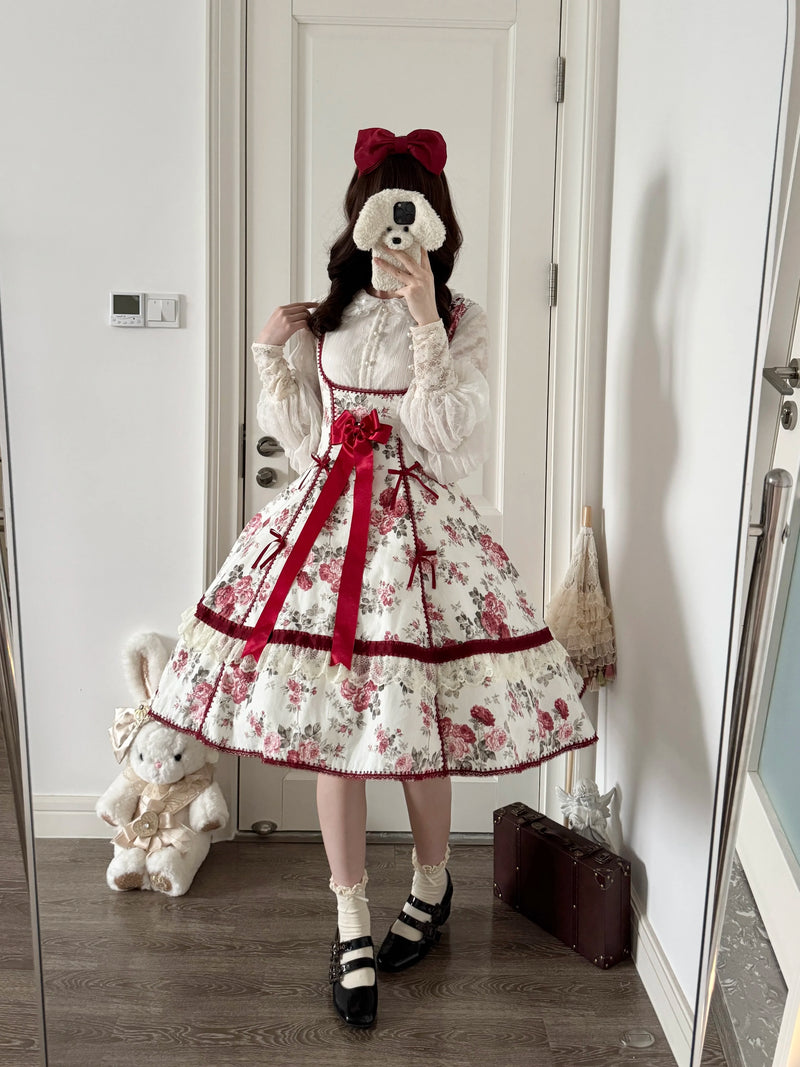 Thousand Wood - Red Peony - JSK Dress with a detachable long waist bow