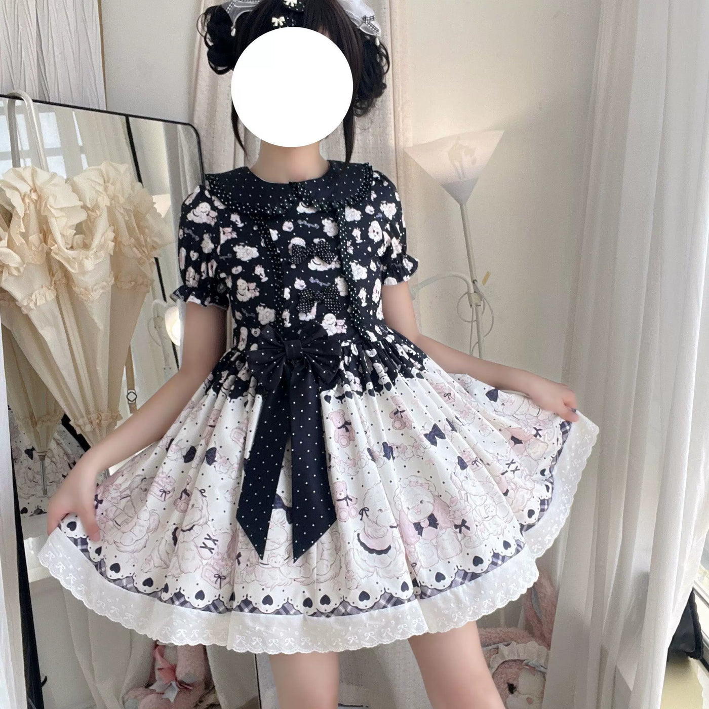 Pink sweet Lolita OP dress with bow, belt, and polka dot hair clip