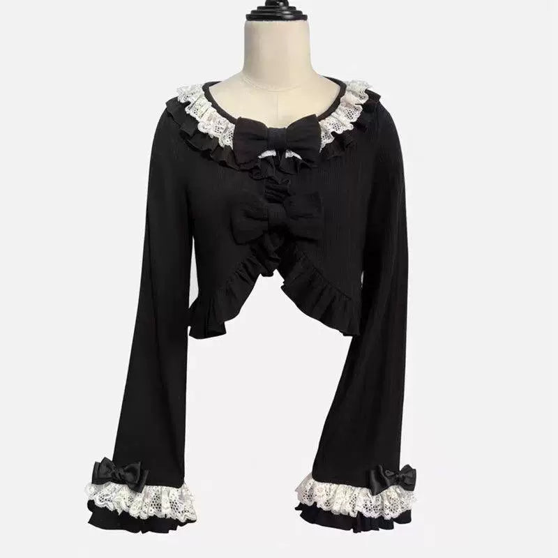 Sweetheart Dream Machine - Fresh Bow Knit - Cropped Knit Cardigan with a Ruffled Round Collar