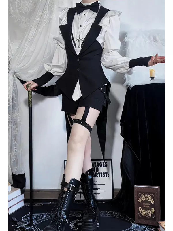 Creamy - Prince Style - Three-Piece Blouse Set with a Bow-Tie Shirt, Vest and Shorts
