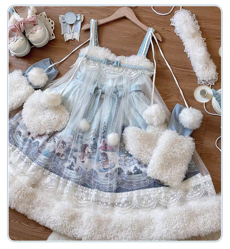 Dream Bunny Penguin Snow Treasure light blue JSK with plush white trim
