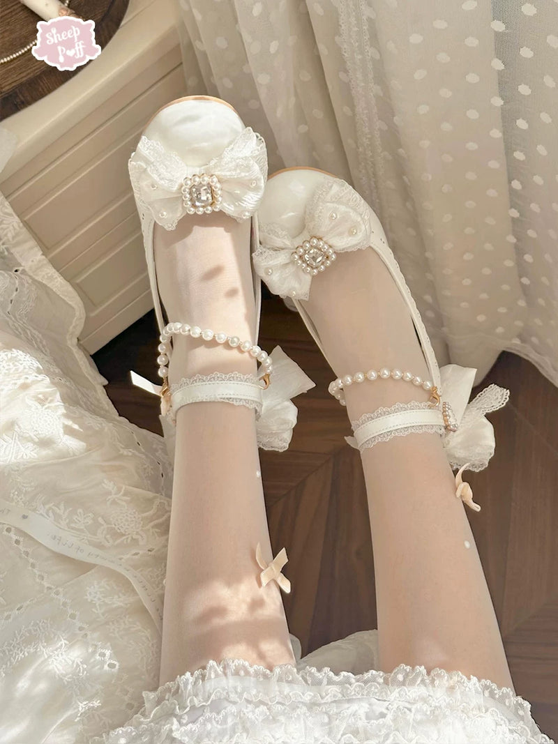 Sheep Puff Princess Pearl Mary Jane Shoes showcasing white shoes with pearl embellishments and classic strap design.