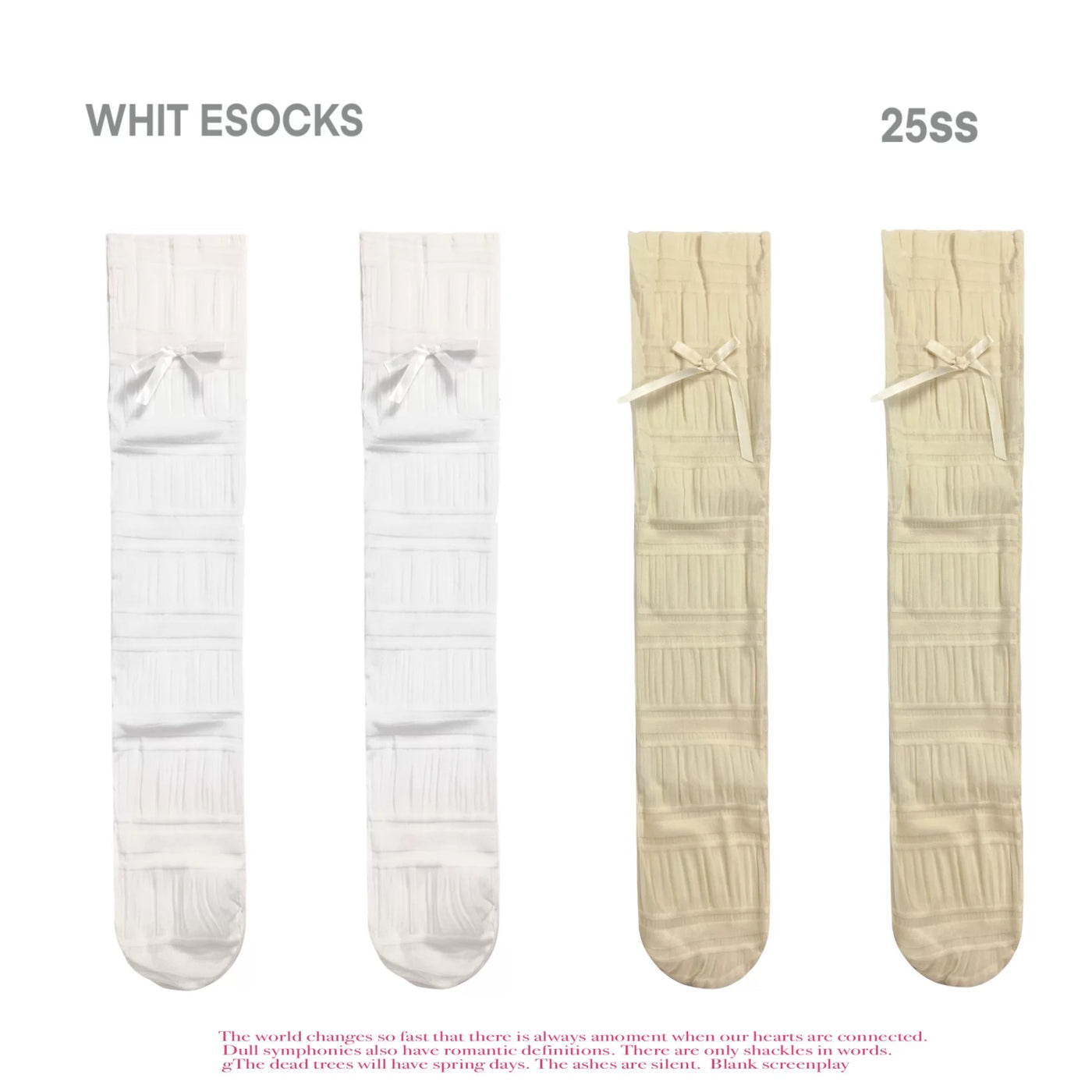White and beige two-tone sheer ribbed mid-calf sock with small satin bow detail and elasticized cuff