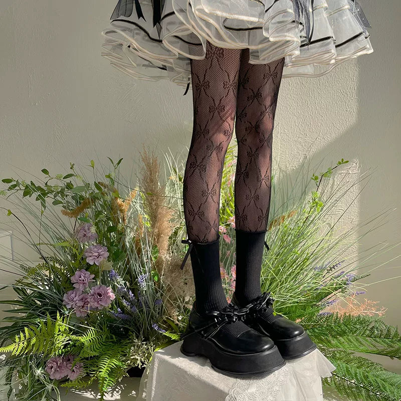 Sock Noble - Bow Lace - White or Black Lace-Panel Tights