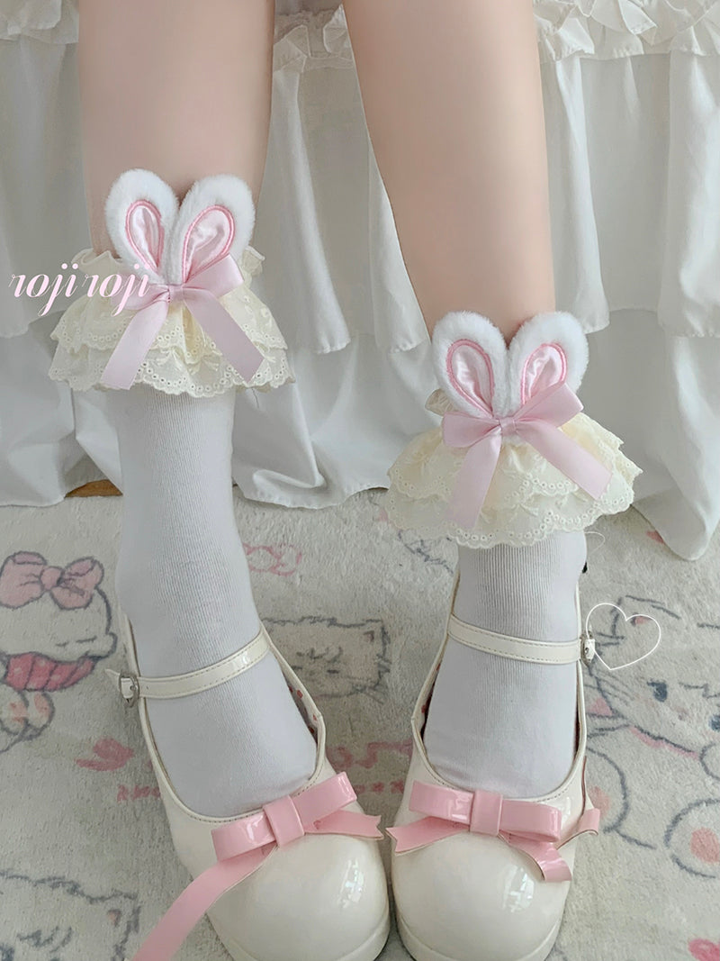 Cotton Lolita Bunny Ear Socks Summer Bow Short Socks Short socks (about 34cm) pink ear with yellow lace