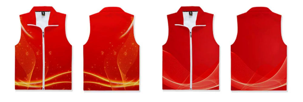 Printed sleeveless volunteer vests in red, green, blue, white and pink colourways with front zips and graphic motifs.