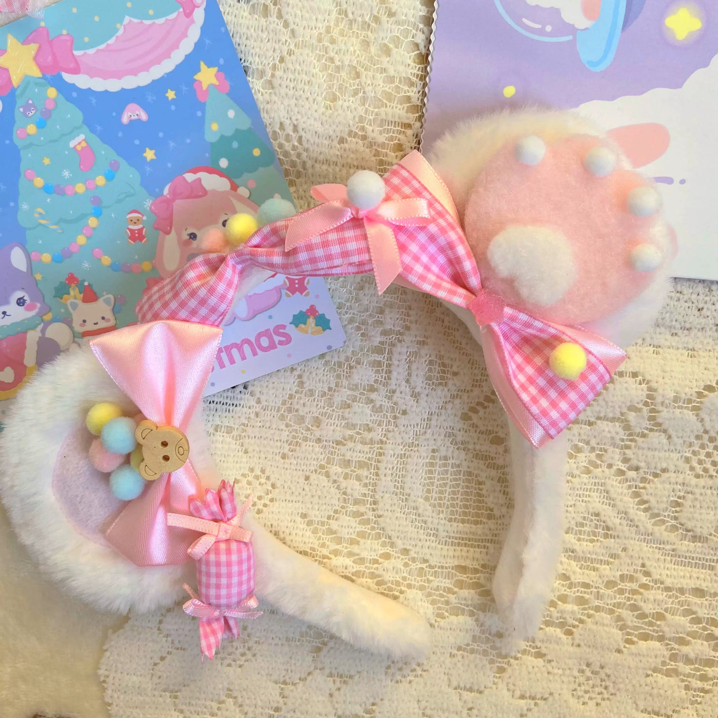 Bear doll - Teddy Bow - Plush Ear Headband with Gingham Bows