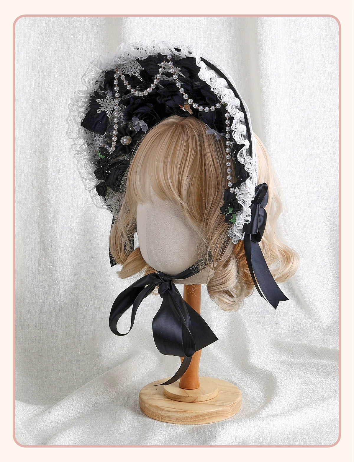 Stardust Rose - Autumn-Winter Dream - Lace-Trimmed Flat Hat with Ribbon Bows