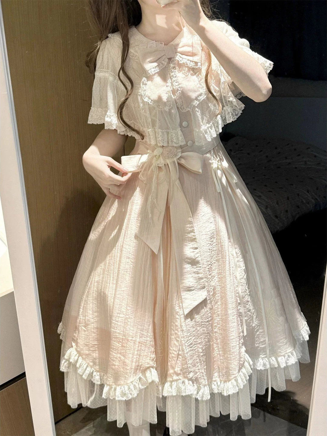 Creamy - Pink Lace Cape - One-Piece Dress with Waist Belt