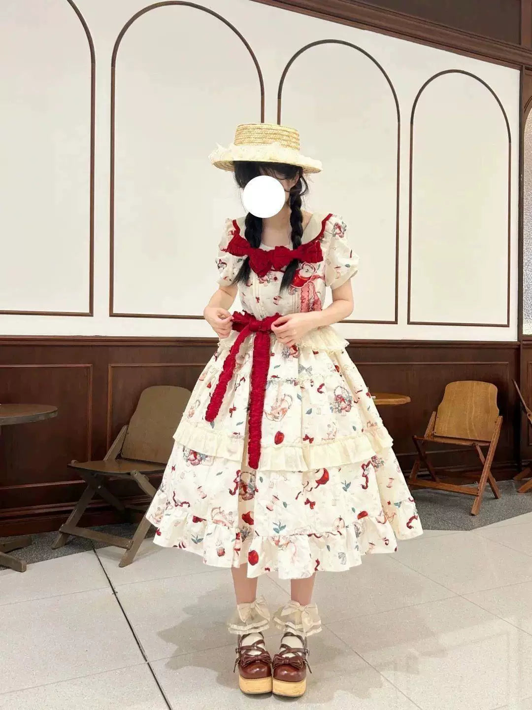 Sweetheart Dream Machine - Apple Tea - Cream Short-Sleeve OP Dress with Apple Motif