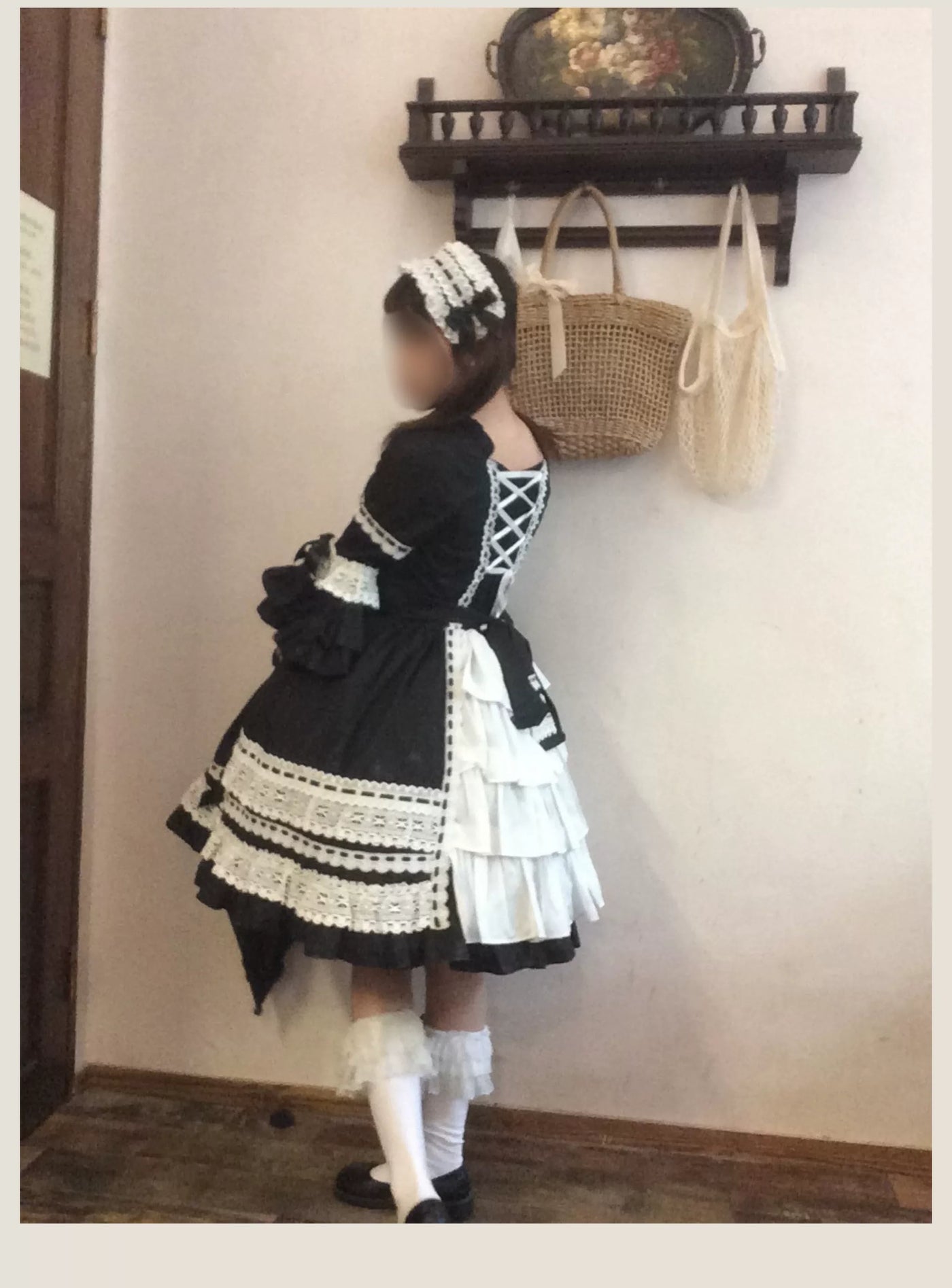 TaTaTa Lolita - First Otome - Black Old School Lolita OP Dress, Lace Details