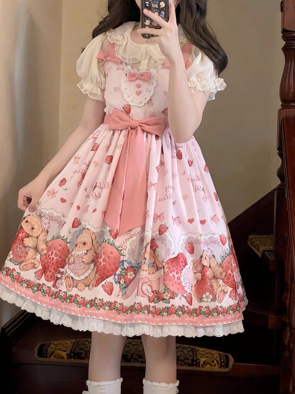 Pink JSK dress with rabbit, strawberry and heart print and broad waist bow
