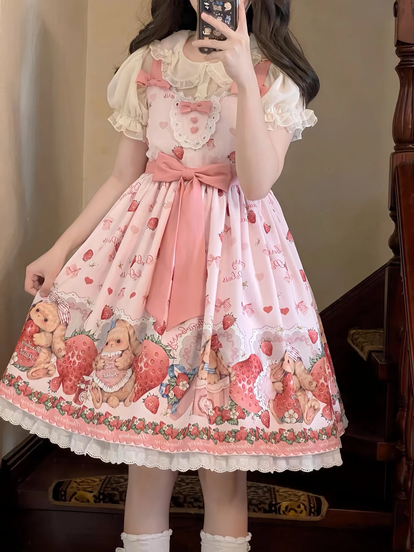 Pink JSK dress with rabbit, strawberry and heart print and broad waist bow