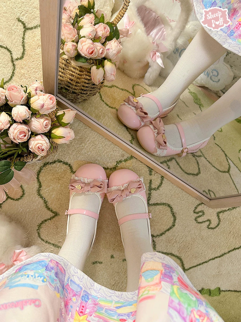 Sheep Puff Sweet Berry low heel Lolita shoes featuring a cute sheep puff design and vibrant berry color.