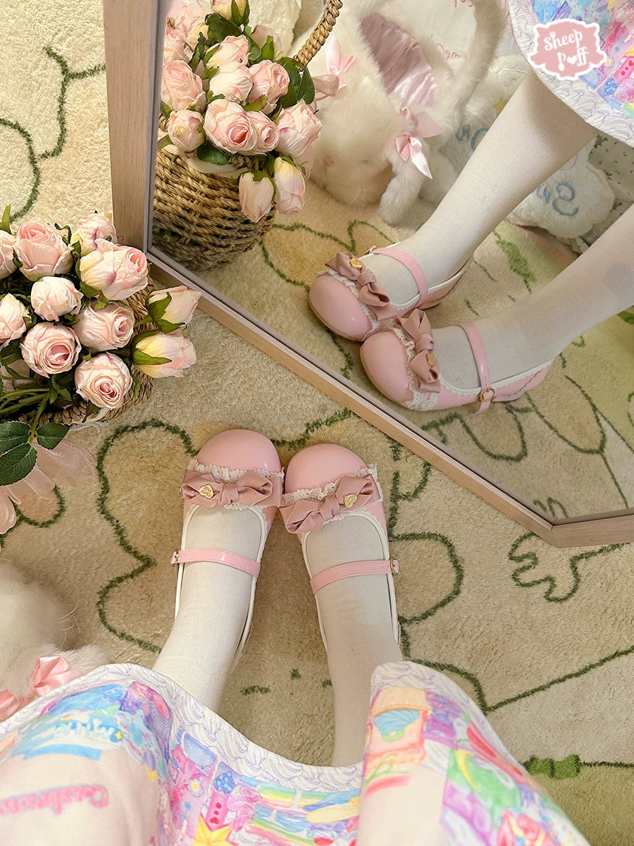 Sheep Puff Sweet Berry low heel Lolita shoes featuring a cute sheep puff design and vibrant berry color.
