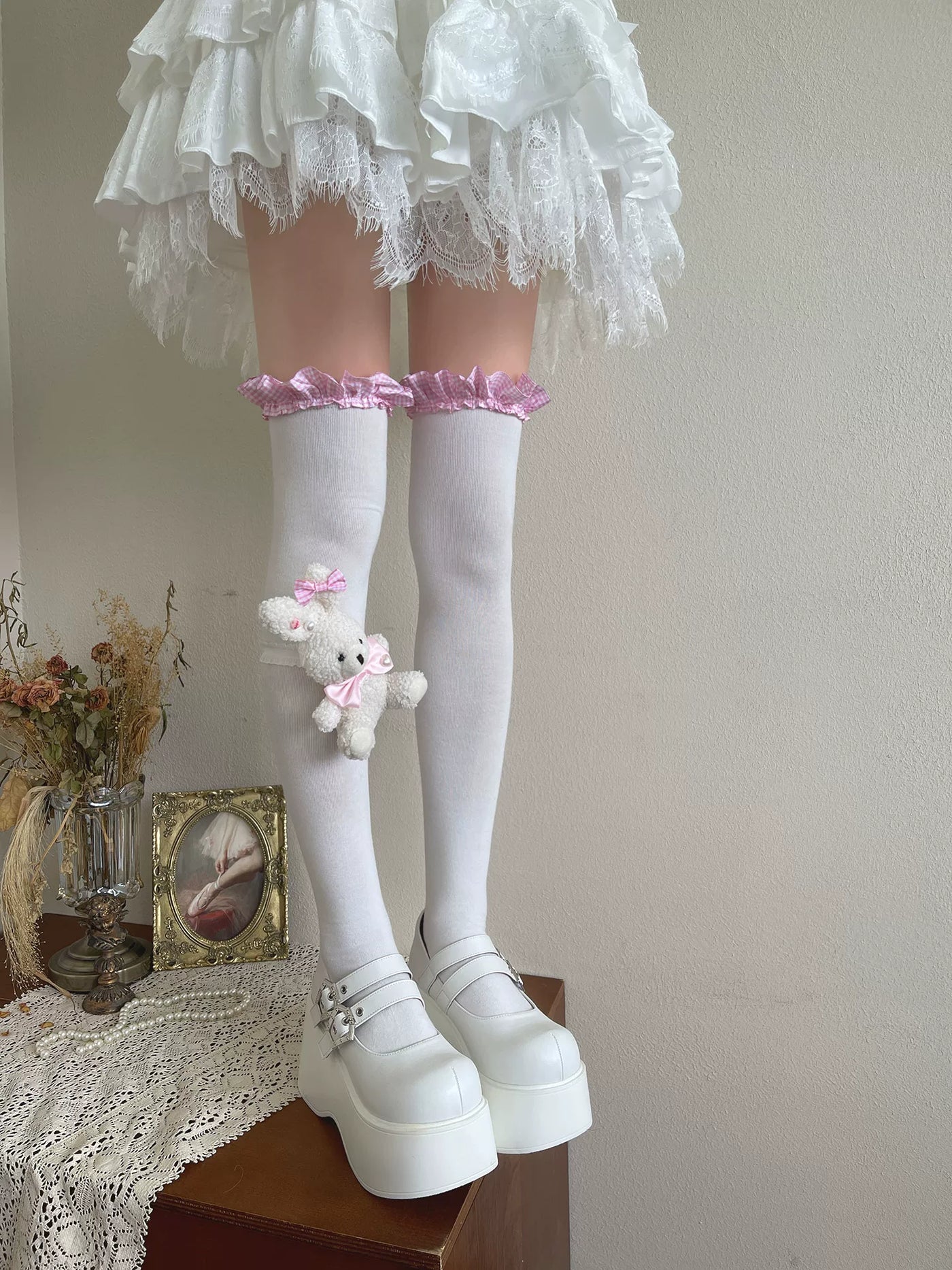 Sock Noble - Dreamy Rabbit - Plaid Lace-Trimmed Over-the-Knee Socks with Leg-Ring Options
