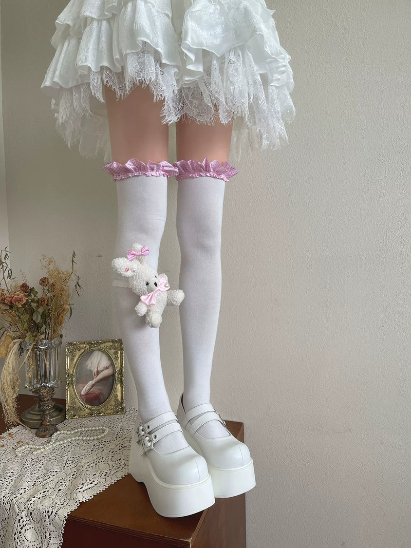 Sock Noble - Dreamy Rabbit - Plaid Lace-Trimmed Over-the-Knee Socks with Leg-Ring Options