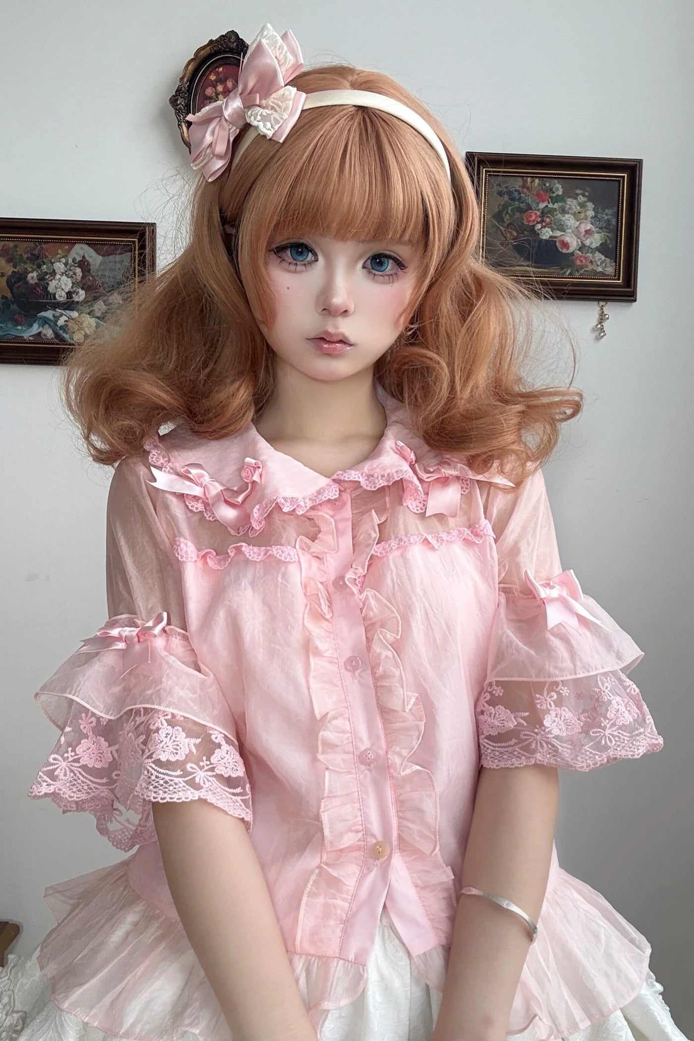 Tata Long Ear - Pearl Princess - White-and-Pink JSK Dress with Pearl Details and Scalloped Layers