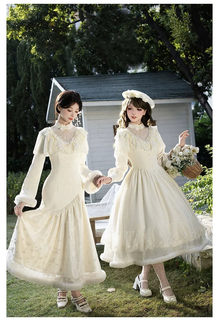 With PUJI - Winter Island Memory - Elegant Lolita Winter Coat & OP Dress Set