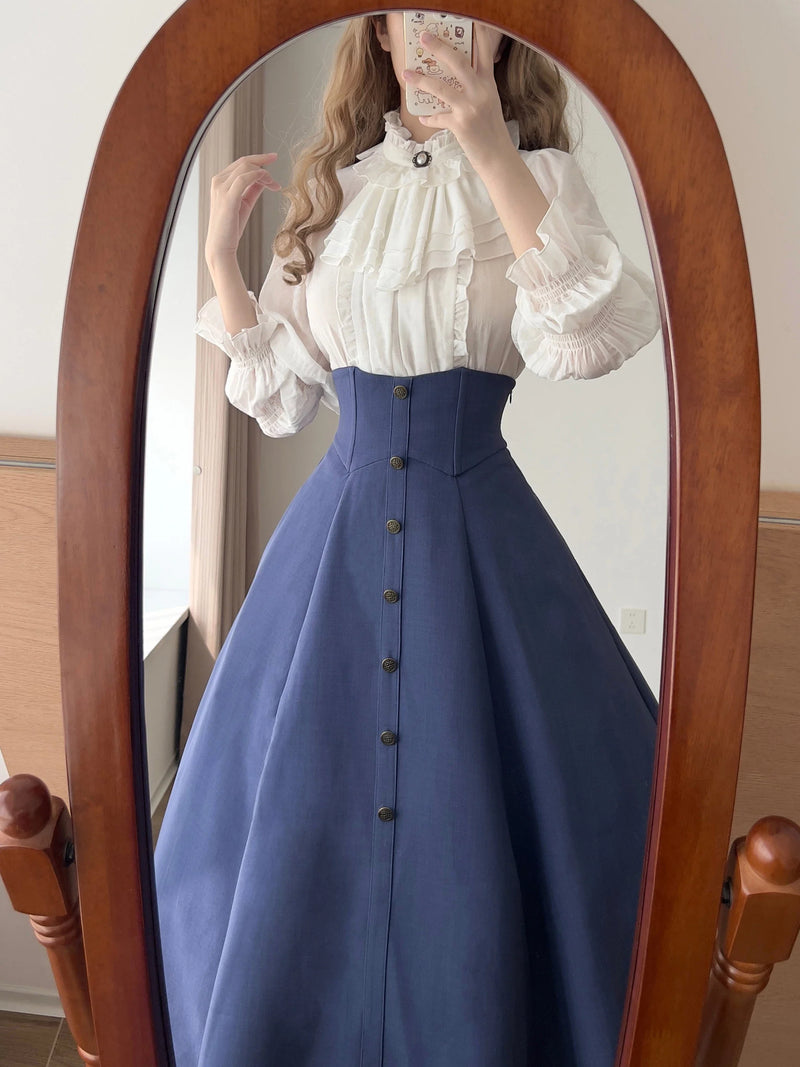 Forest Wardrobe - Misty Forest - White Classic Lolita Long Sleeve Blouse, Detachable Jabot