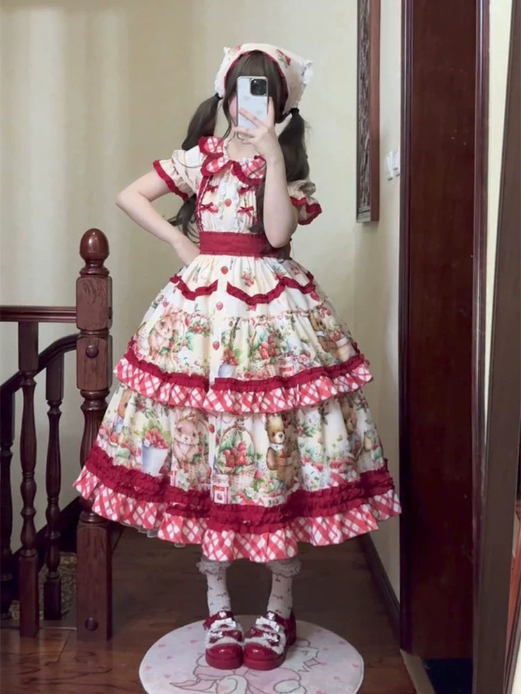 Dream Bunny - December Strawberry Field - Strawberry-Print One-Piece Dress with Red Gingham Ruffles