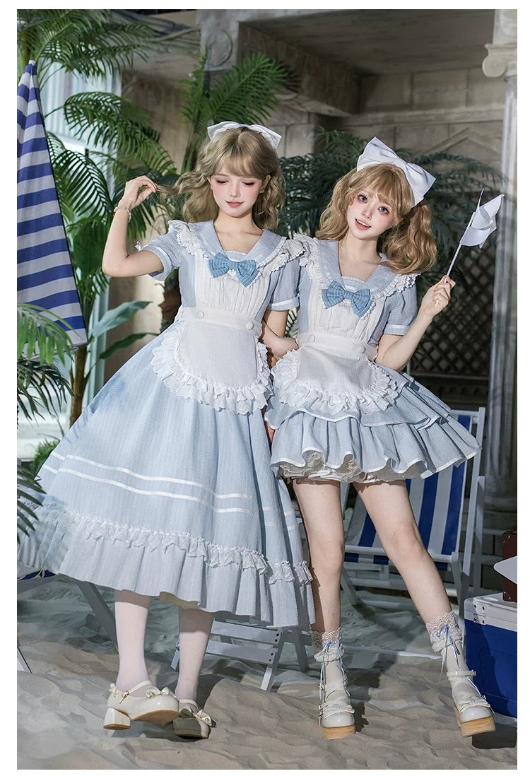 With PUJI - Seven-Day Bell - Blue Classic Lolita Striped OP Dress, Sailor Collar
