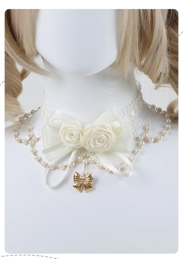 Independent Brand - Rose & Pearl - Lace Collar Necklace with Roses, Bows and Pearl Chain