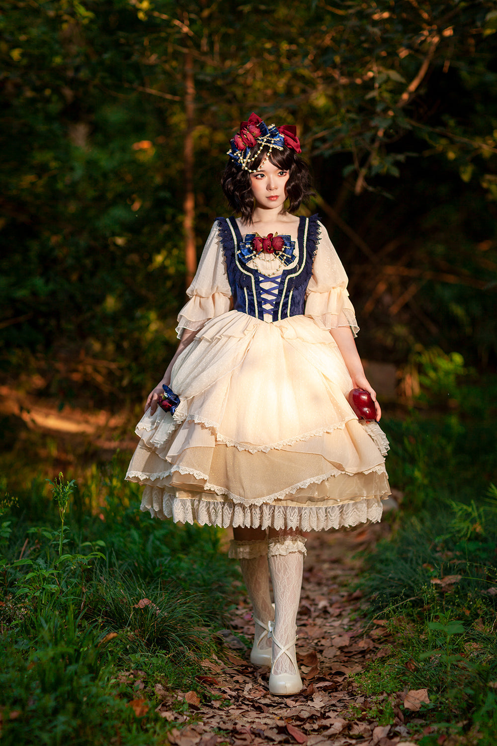 Snow White - Split Style Lolita OP Dress S Snow White fullset (with navy blue chest ribbon)