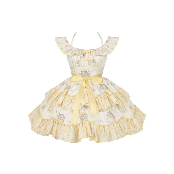 Warm yellow sunflower-print Classic Lolita JSK with tiered ruffles and waist tie.