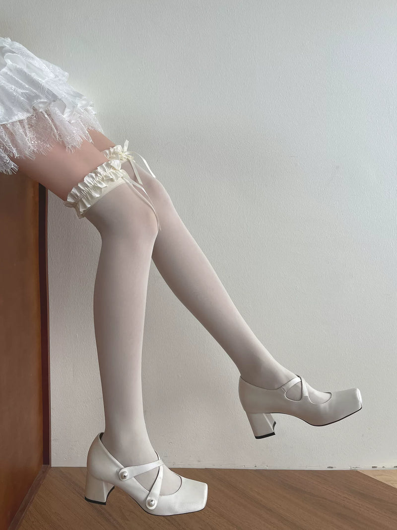Sock Noble - Cream Ruffle Ribbon - Velvet Socks with Ruffled Bow Cuffs