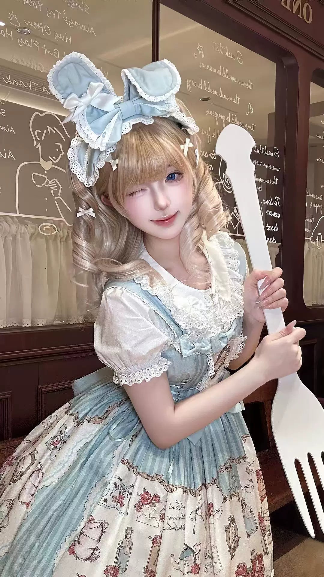 Cat Upon Cat - Rabbit's Collection Box - Rabbit-Print JSK Dress with Lace Bib
