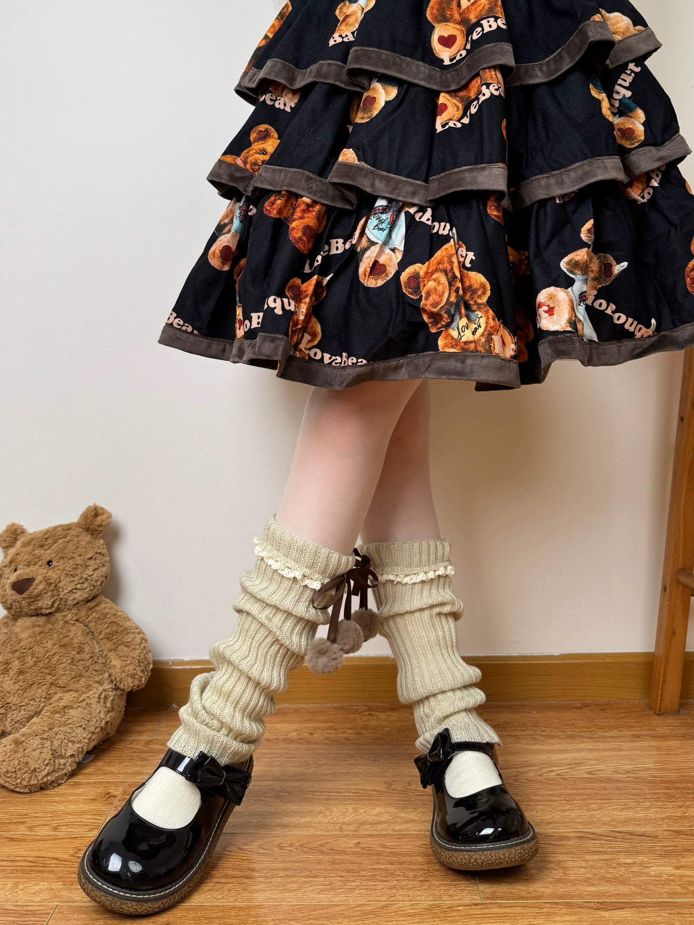 Chubby Bear Tales - Ribbon Knit - Scrunched Knit Leg-Warmer Socks with Ribbon Ties