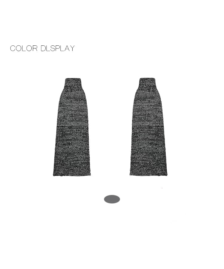 Pair of heather gray knitted leg warmers shown flat on a white background.