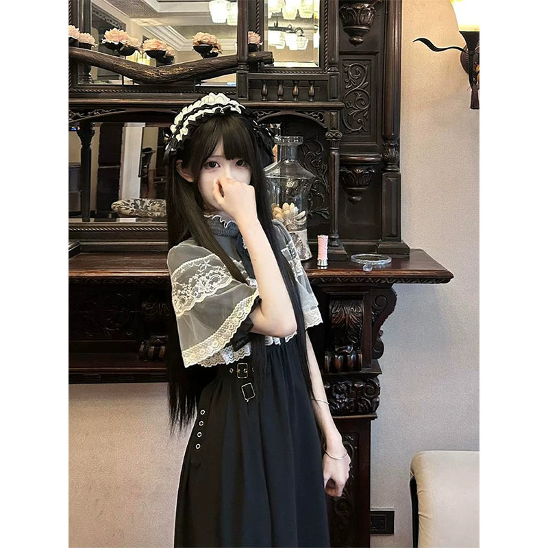 Creamy - Gothic Lolita Midi Dress - Black short-sleeved Lolita dress