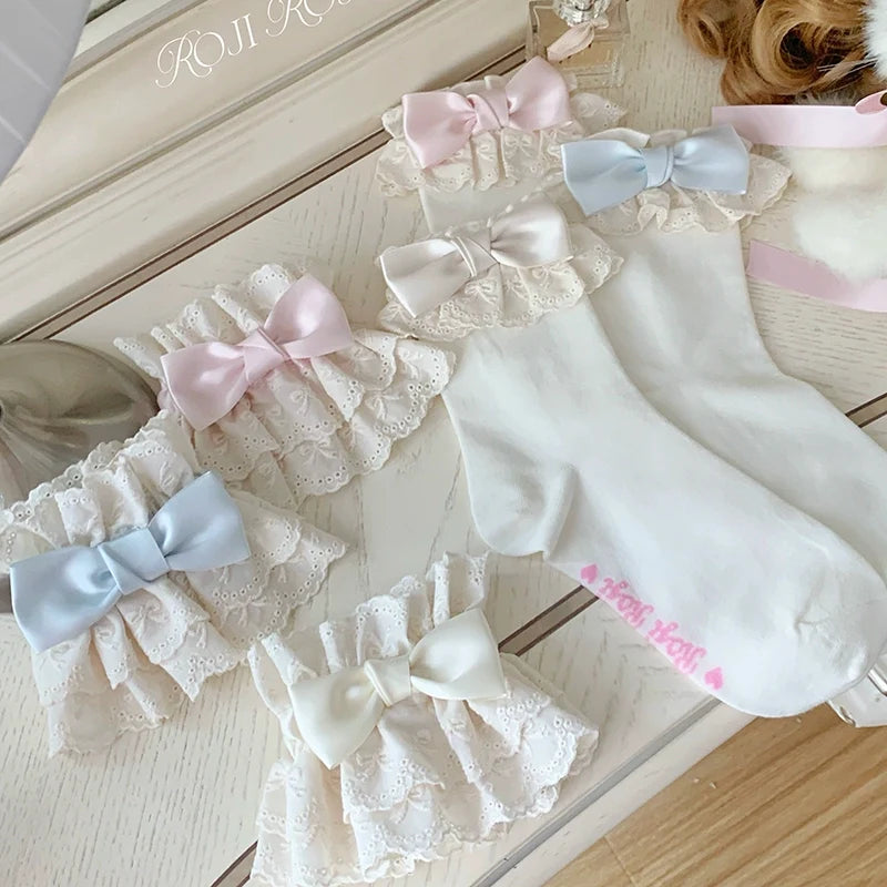 Roji Roji - Cotton Lolita Socks Lace Bow White - Socks Socks